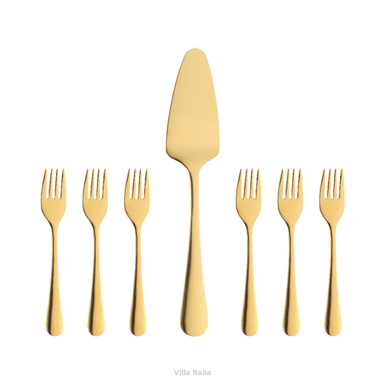 złote sztućce do ciasta: widelczyki i łopatka