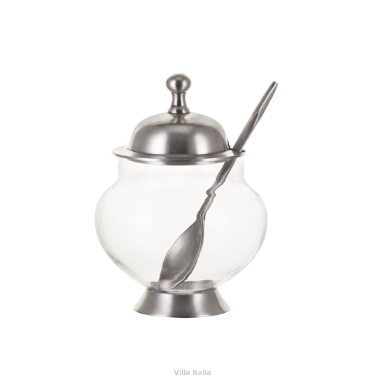 Cukiernica szklana z metalowymi elementami