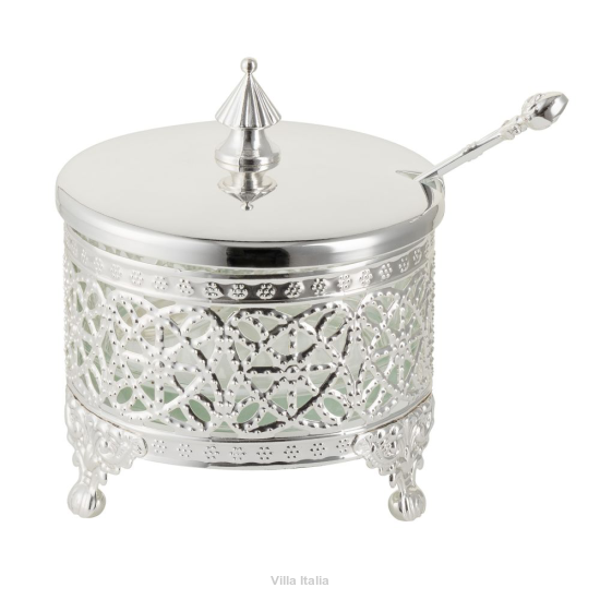 cukiernica srebrna w klasycznym stylu z łyżeczką