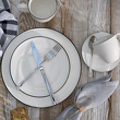 zestaw talerzy z czarną obwódką z porcelany białej