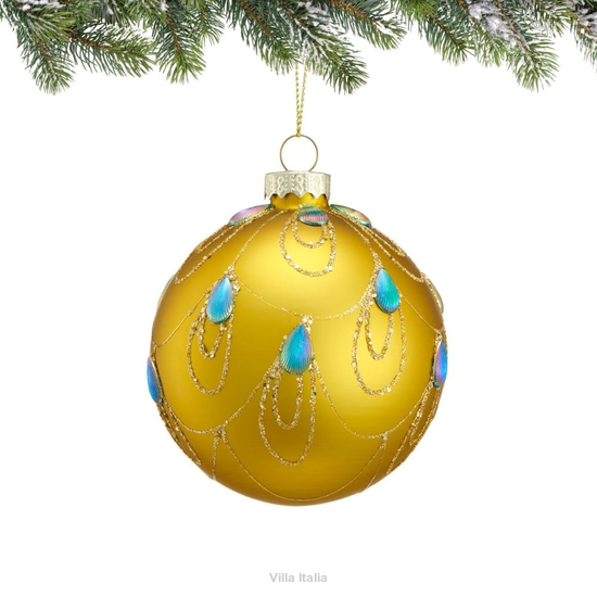 Bombka szklana dekorowana PAWIE OCZY 8 cm Bombka szklana złoto żółta dekorowana ręcznie