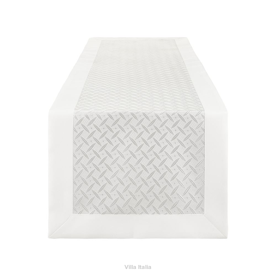 Bieżnik żakardowy biały wyszywany z listwą