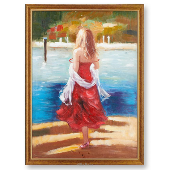 Obraz przedstawiający kobietę nad brzegiem wody, w czerwonej sukni. Obraz jest w drewnianej ramie.