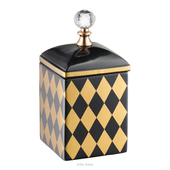 elegancki pojemnik dekoracyjny czarno-złoty z kryształowym uchwytem
