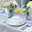 białe talerze i miseczka do zupy z białej porcelany ze srebrną obwódką