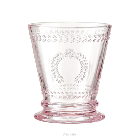Szklanka do napojów z różowego szkła. Tłoczony wzór.