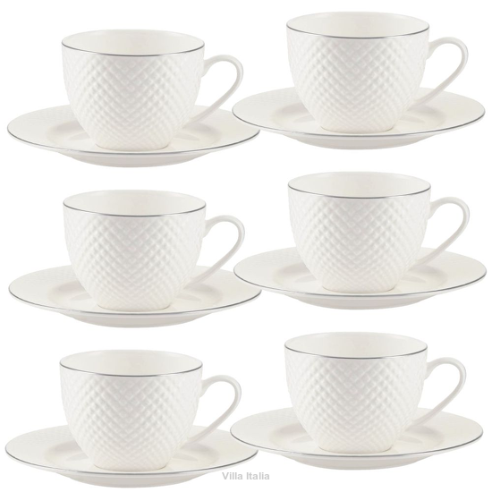 porcelanowe filiżanki do herbaty ze spodkami, 6 sztuk, dekorowane platyną
