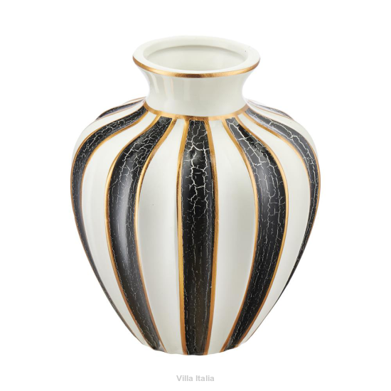 wazon ceramiczny w pasy czarno-białe, zdobiony złotem