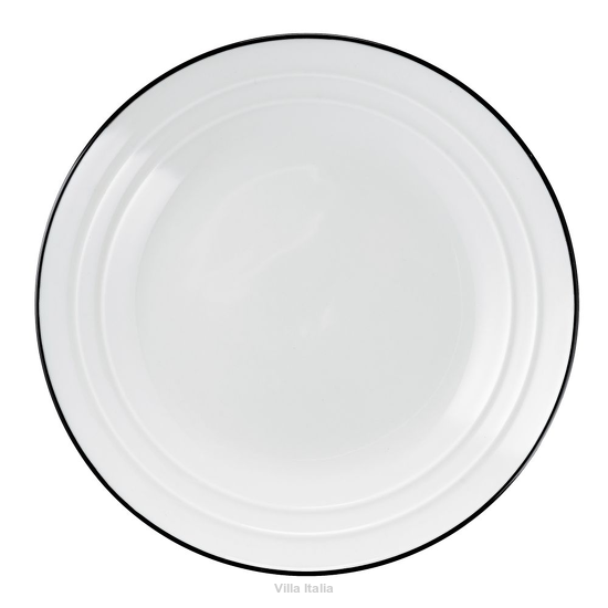 biały talerz porcelanowy z czarną obwódką