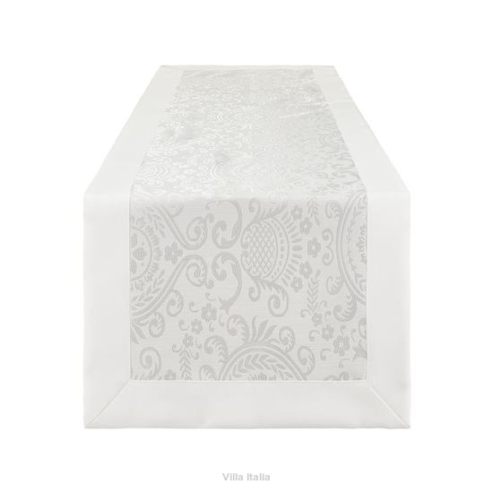 żakardowy bieżnik na stół, biały z listwą