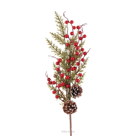 sztuczna gałązka z czerwonymi owocami i szyszkami