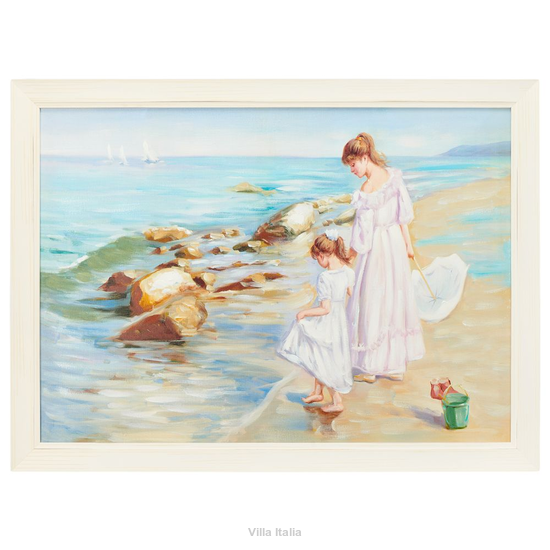 kobieta z dzieckiem na plaży, w białych sukienkach