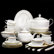elegancki serwis obiadowo kawowy z białej porcelany kostnej ze złota linią