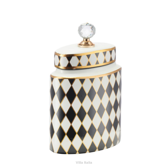 pojemnik dekoracyjny ceramiczny czarno-biały z kryształowym uchwytem