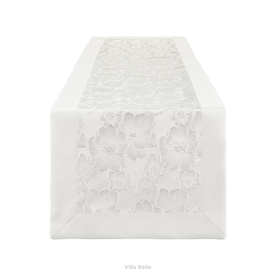 żakardowy bieżnik na stół, biały z listwą
