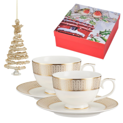 Zestaw 2 filiżanek porcelanowych VERONICA z choinką w pudełku świątecznym