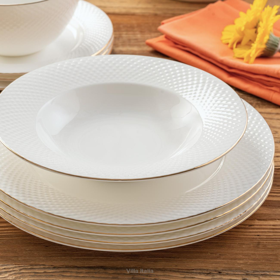 zestaw obiadowy z eleganckiej porcelany kostnej ze złotą linią