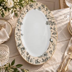owalny półmisek wykonany z białej porcelany, ozdobiony subtelnym motywem botanicznym