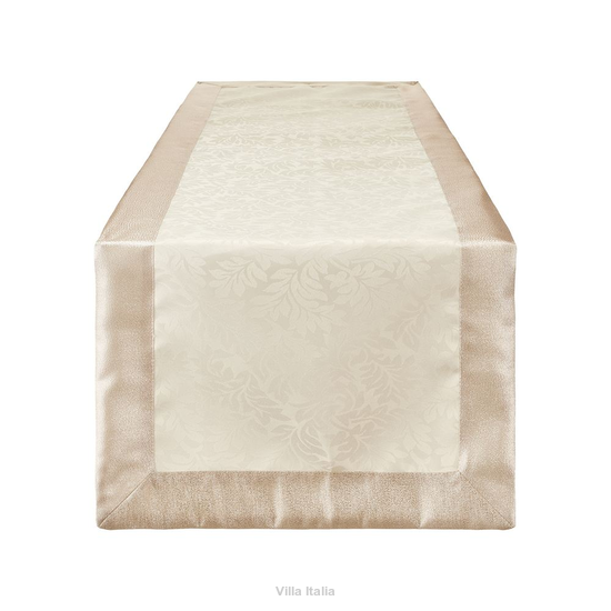 Żakardowy bieżnik na stół, kremowy z listwą, 