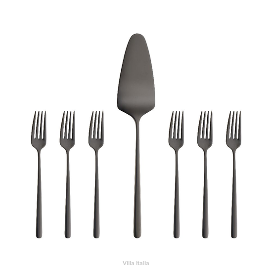 zestaw czarnych sztućców do ciasta 6 widelczyków i łopatka do tortu