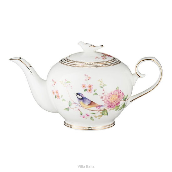Dzbanek porcelanowy do herbaty z ogrodowym wzorem i uchwytem przykrywki w formie ptaszka