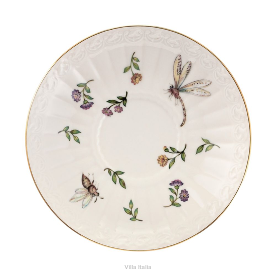 Spodek pod filiżankę porcelanowy 16cm Leda Ivory z motywem owadów, kwiatów, złote obrzeże