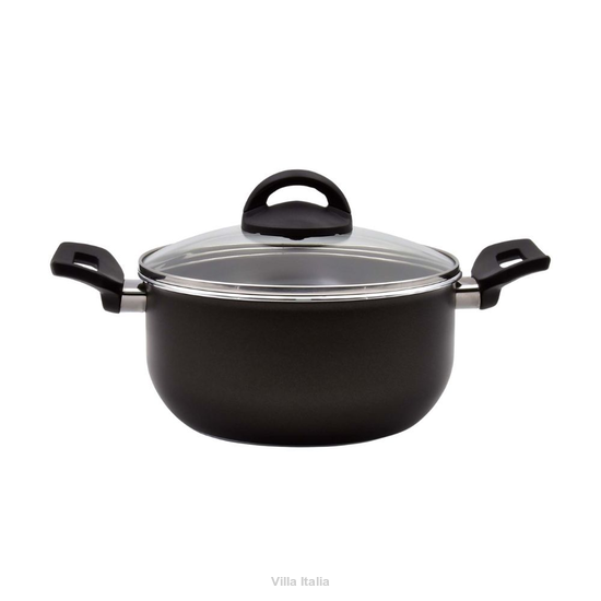Czarny garnek aluminiowy z przykrywką szklaną