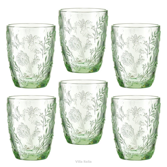 Szklanki z zielonego szkła, z tłoczonym wzorem kwiatowym