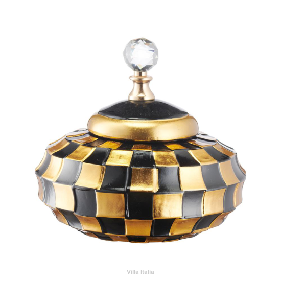 Elegancki pojemnik dekoracyjny ceramiczny w szachownicę czarno-złotą z kryształowym uchwytem