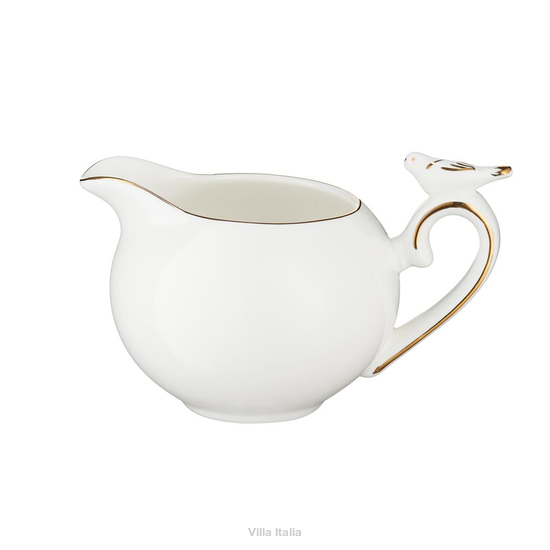 dzbanuszek do mleka porcelanowy, ze złotem i figurką ptaszka na uchwycie
