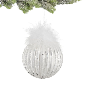Bombka biała z piórami 8 cm