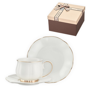 Zestaw porcelanowej filiżanki do herbaty 200 ml z talerzykiem deserowym 18,5 cm SANDRINE w pudełku prezentowym CREAM–CHOCO