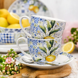 filiżanki porcelanowe z niebieskim wzorem i motywem cytryn