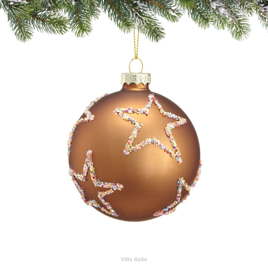 Bombka szklana z gwiazdkami 7,5 cm brązowa Bombka choinkowa szklana brązowa w gwiazdki z kolorowego brokatu