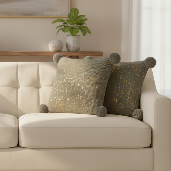 poduszki dekoracyjne do salonu szare z pomponami