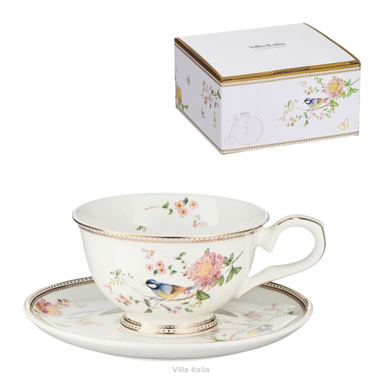 Filiżanka porcelanowa ze spodkiem, w kwiaty