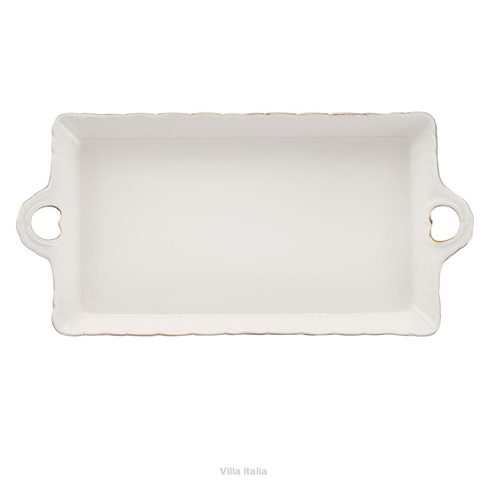 Prostokątna patera do ciasta z kremowej porcelany ze złotem