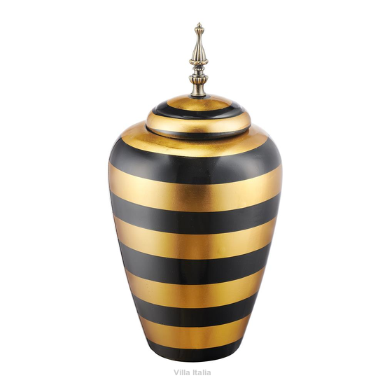 Amfora ceramiczna w paski czarno-złote z mosiężnym uchwytem
