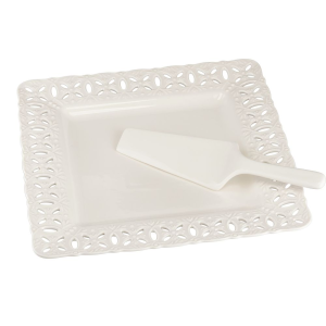Talerz do ciasta kwadratowy z łopatką 30x30cm porcelanowy CLARA Ivory