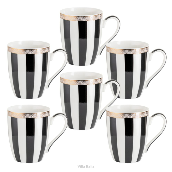 Zestaw kubków porcelanowych w czarno-białe pasy