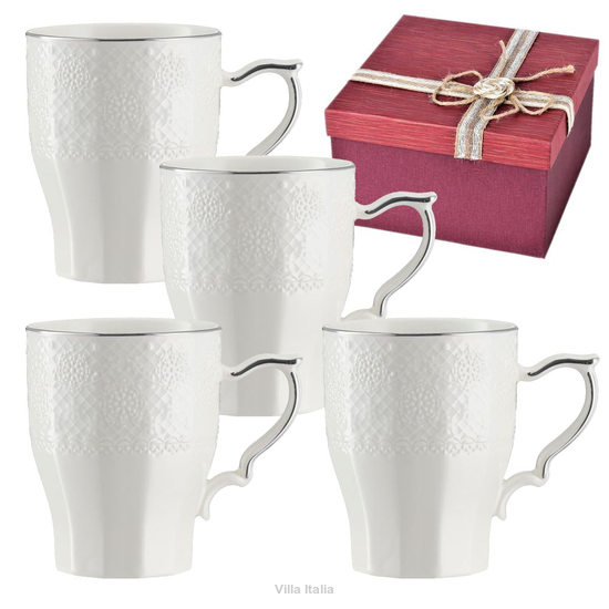 Zestaw prezentowy: 4 kubki porcelanowe z tłoczonym wzorem i z platyną