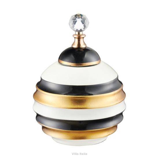 Elegancki pojemnik dekoracyjny ceramiczny w paski czarno-biało-złote z kryształowym uchwytem