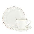 elegancka filiżanka porcelanowa z ażurem i złotem oraz talerzyk deserowy w pionie