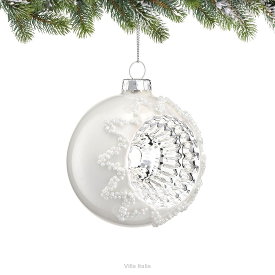 Bombka Z REFLEKTOREM i perełkami biała 8 cm Bombka biała z reflektorem, zdobiona perełkami