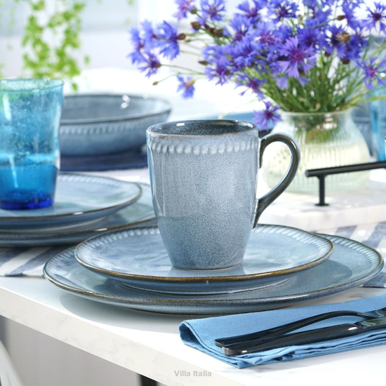 Zestaw naczyń obiadowych i deserowych z kubkami – styl rustykalny, reactive glaze