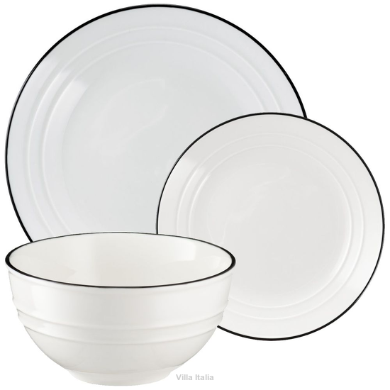 elegancki porcelanowy komplet talerzy z czarną obwódką
