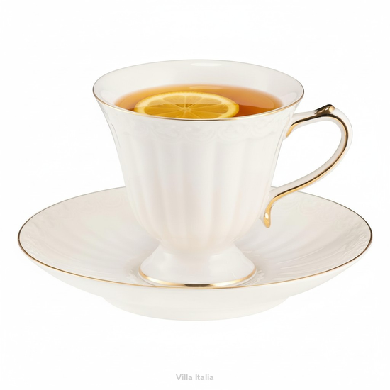 Filiżanka do herbaty porcelanowa 180 ml ze spodkiem CLARA Gold Ivory  Elegancka filiżanka do herbaty i kawy z kremowej porcelany