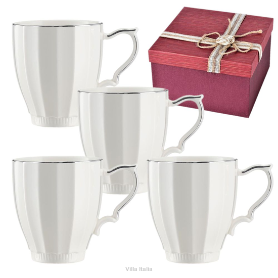 4 kubki białe porcelzanowe z platyną i pudelko ozdobne