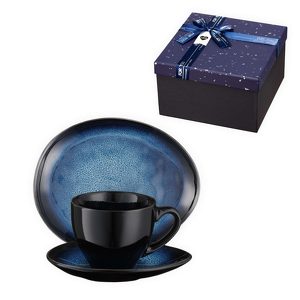 Zestaw filiżanki do kawy 220 ml z talerzykiem deserowym 20 cm z kamionki DARK NIGHT w pudełku prezentowym NAVY