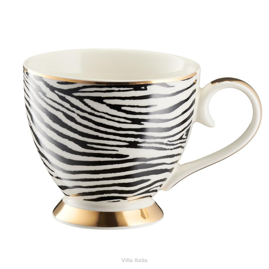 Pojemna filiżanka z porcelany, zdobiona złotem i wzorem zebry  
